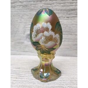 Fenton Lenten Rose Glass Egg On Pedestal Hand Painted‎ Flowers & Leaves #1232